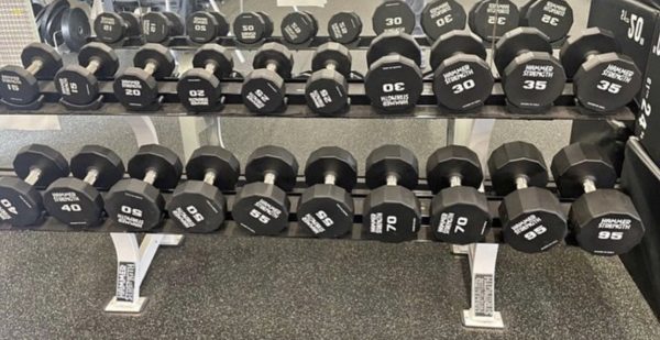 Hammer Strength 12-Sided Urethane Dumbbells With 3 Hammer Racks